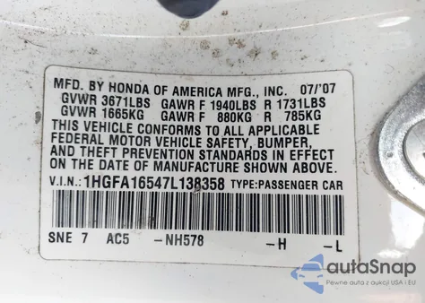 2007 Honda Civic Lx из США, поврежденный, VIN 1HGFA16547L138358